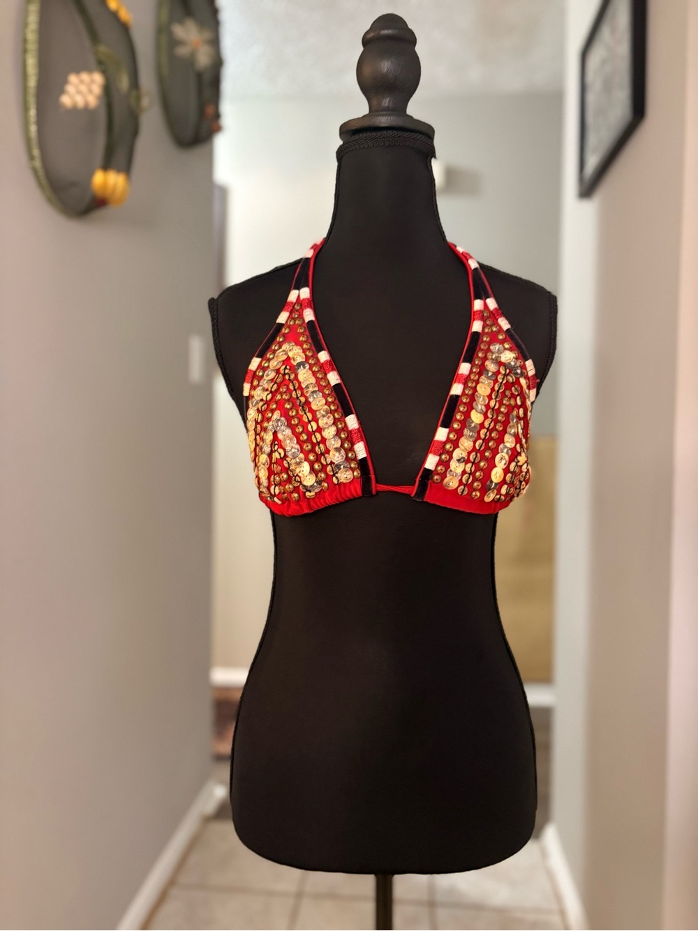 Vix Red Bikini Top with Gold Sequin Detail